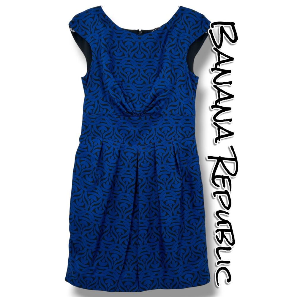 Banana Republic Chainlink Print Silk Dress 4 Blue Black Pockets Pleated Y2K